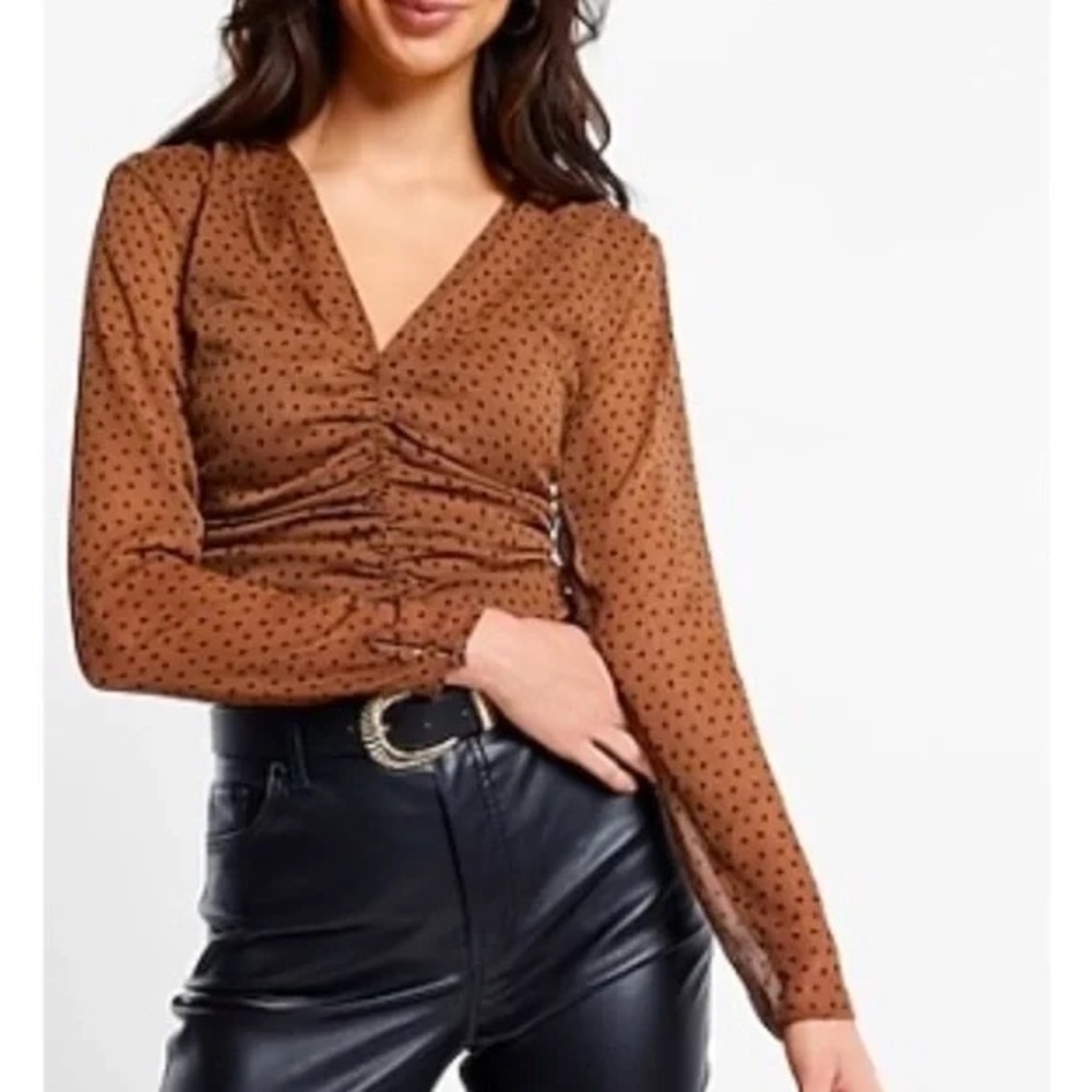NWT Express Brown Polka Dot V-Neck Blouse
